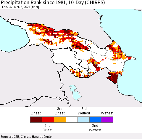 Azerbaijan, Armenia and Georgia Precipitation Rank since 1981, 10-Day (CHIRPS) Thematic Map For 2/26/2024 - 3/5/2024