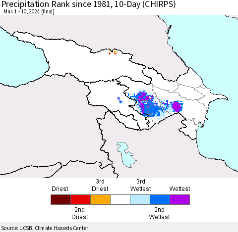 Azerbaijan, Armenia and Georgia Precipitation Rank since 1981, 10-Day (CHIRPS) Thematic Map For 3/1/2024 - 3/10/2024