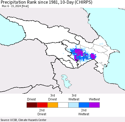 Azerbaijan, Armenia and Georgia Precipitation Rank since 1981, 10-Day (CHIRPS) Thematic Map For 3/6/2024 - 3/15/2024