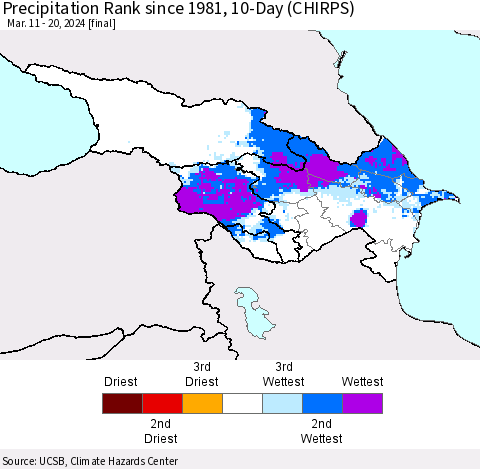 Azerbaijan, Armenia and Georgia Precipitation Rank since 1981, 10-Day (CHIRPS) Thematic Map For 3/11/2024 - 3/20/2024