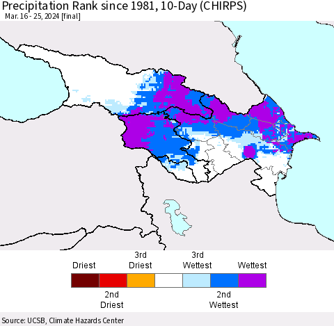 Azerbaijan, Armenia and Georgia Precipitation Rank since 1981, 10-Day (CHIRPS) Thematic Map For 3/16/2024 - 3/25/2024