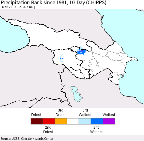 Azerbaijan, Armenia and Georgia Precipitation Rank since 1981, 10-Day (CHIRPS) Thematic Map For 3/21/2024 - 3/31/2024