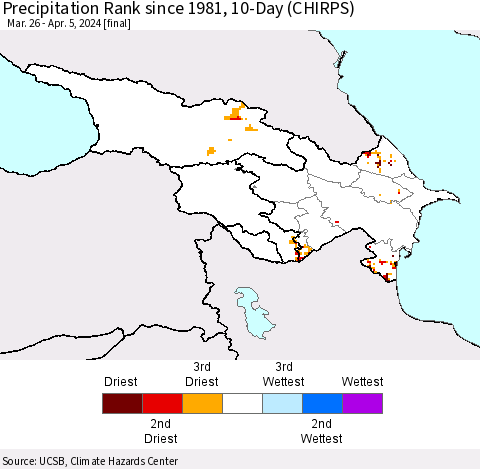 Azerbaijan, Armenia and Georgia Precipitation Rank since 1981, 10-Day (CHIRPS) Thematic Map For 3/26/2024 - 4/5/2024