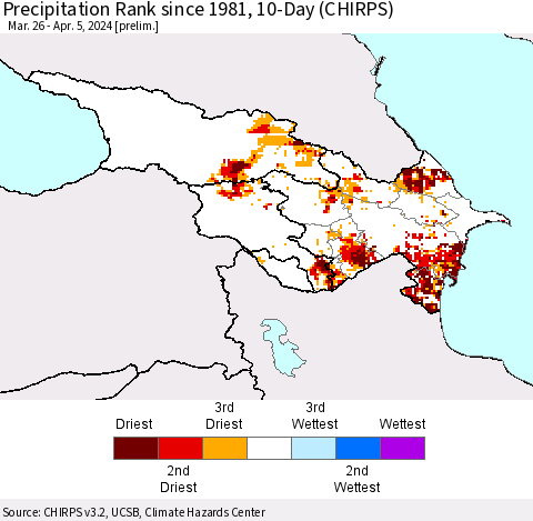 Azerbaijan, Armenia and Georgia Precipitation Rank since 1981, 10-Day (CHIRPS) Thematic Map For 3/26/2024 - 4/5/2024
