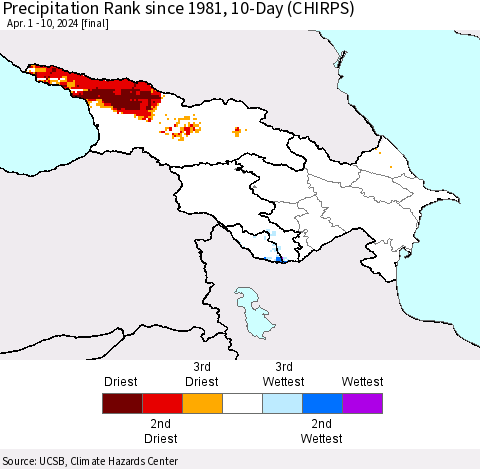Azerbaijan, Armenia and Georgia Precipitation Rank since 1981, 10-Day (CHIRPS) Thematic Map For 4/1/2024 - 4/10/2024