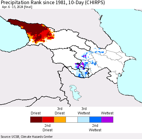 Azerbaijan, Armenia and Georgia Precipitation Rank since 1981, 10-Day (CHIRPS) Thematic Map For 4/6/2024 - 4/15/2024