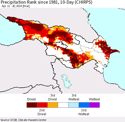 Azerbaijan, Armenia and Georgia Precipitation Rank since 1981, 10-Day (CHIRPS) Thematic Map For 4/11/2024 - 4/20/2024