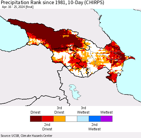 Azerbaijan, Armenia and Georgia Precipitation Rank since 1981, 10-Day (CHIRPS) Thematic Map For 4/16/2024 - 4/25/2024