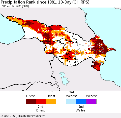 Azerbaijan, Armenia and Georgia Precipitation Rank since 1981, 10-Day (CHIRPS) Thematic Map For 4/21/2024 - 4/30/2024