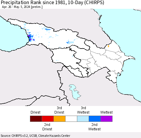 Azerbaijan, Armenia and Georgia Precipitation Rank since 1981, 10-Day (CHIRPS) Thematic Map For 4/26/2024 - 5/5/2024