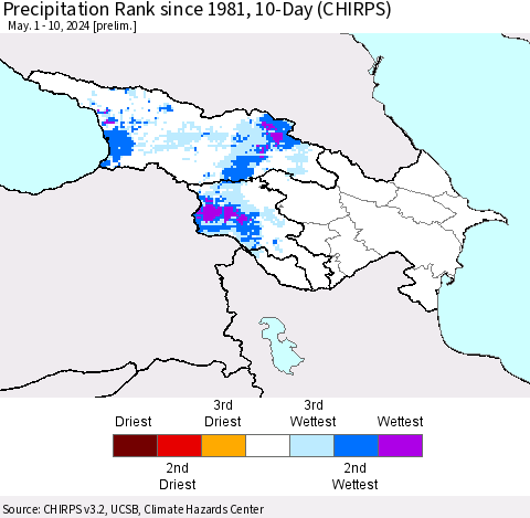 Azerbaijan, Armenia and Georgia Precipitation Rank since 1981, 10-Day (CHIRPS) Thematic Map For 5/1/2024 - 5/10/2024