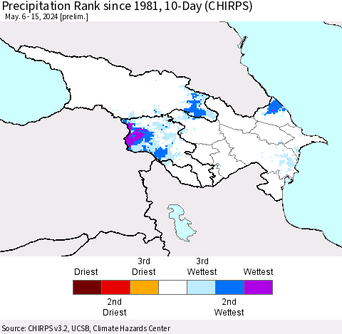 Azerbaijan, Armenia and Georgia Precipitation Rank since 1981, 10-Day (CHIRPS) Thematic Map For 5/6/2024 - 5/15/2024