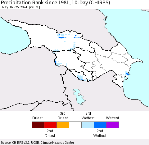 Azerbaijan, Armenia and Georgia Precipitation Rank since 1981, 10-Day (CHIRPS) Thematic Map For 5/16/2024 - 5/25/2024