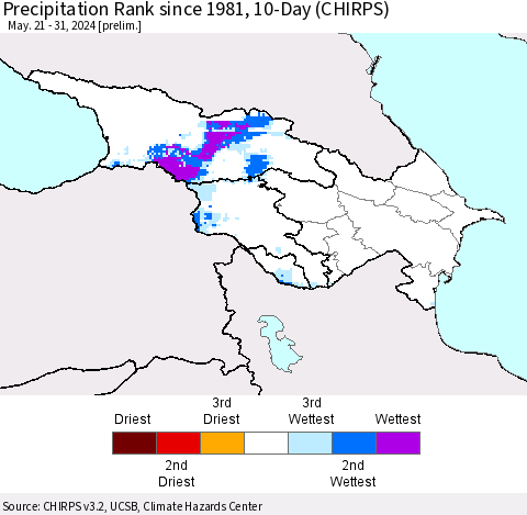 Azerbaijan, Armenia and Georgia Precipitation Rank since 1981, 10-Day (CHIRPS) Thematic Map For 5/21/2024 - 5/31/2024