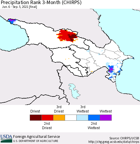 Azerbaijan, Armenia and Georgia Precipitation Rank since 1981, 3-Month (CHIRPS) Thematic Map For 6/6/2021 - 9/5/2021