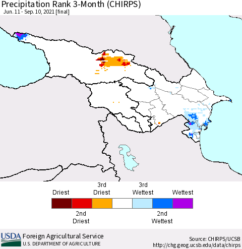 Azerbaijan, Armenia and Georgia Precipitation Rank since 1981, 3-Month (CHIRPS) Thematic Map For 6/11/2021 - 9/10/2021