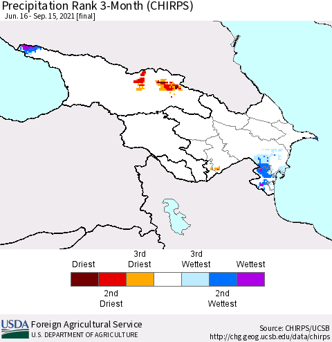 Azerbaijan, Armenia and Georgia Precipitation Rank since 1981, 3-Month (CHIRPS) Thematic Map For 6/16/2021 - 9/15/2021