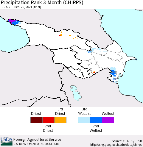Azerbaijan, Armenia and Georgia Precipitation Rank since 1981, 3-Month (CHIRPS) Thematic Map For 6/21/2021 - 9/20/2021