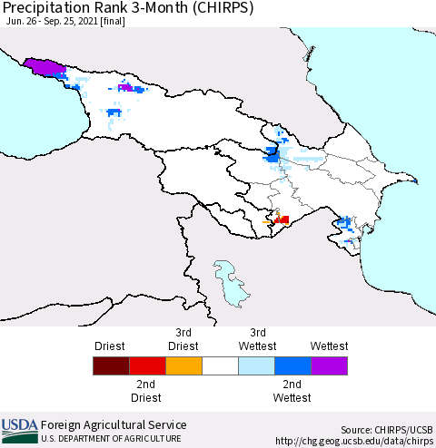 Azerbaijan, Armenia and Georgia Precipitation Rank since 1981, 3-Month (CHIRPS) Thematic Map For 6/26/2021 - 9/25/2021