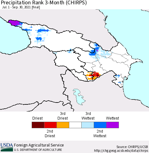 Azerbaijan, Armenia and Georgia Precipitation Rank since 1981, 3-Month (CHIRPS) Thematic Map For 7/1/2021 - 9/30/2021