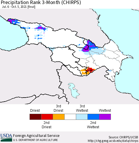 Azerbaijan, Armenia and Georgia Precipitation Rank since 1981, 3-Month (CHIRPS) Thematic Map For 7/6/2021 - 10/5/2021