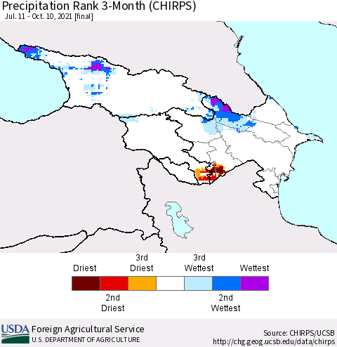 Azerbaijan, Armenia and Georgia Precipitation Rank since 1981, 3-Month (CHIRPS) Thematic Map For 7/11/2021 - 10/10/2021