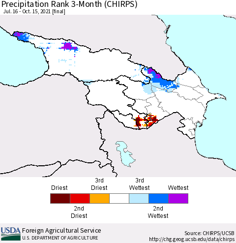 Azerbaijan, Armenia and Georgia Precipitation Rank since 1981, 3-Month (CHIRPS) Thematic Map For 7/16/2021 - 10/15/2021
