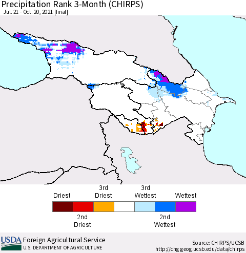 Azerbaijan, Armenia and Georgia Precipitation Rank since 1981, 3-Month (CHIRPS) Thematic Map For 7/21/2021 - 10/20/2021