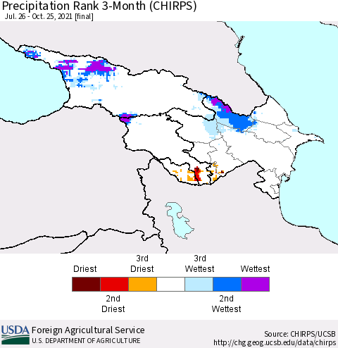 Azerbaijan, Armenia and Georgia Precipitation Rank since 1981, 3-Month (CHIRPS) Thematic Map For 7/26/2021 - 10/25/2021