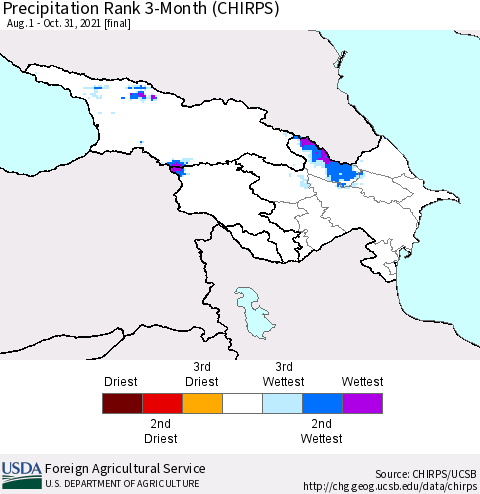 Azerbaijan, Armenia and Georgia Precipitation Rank since 1981, 3-Month (CHIRPS) Thematic Map For 8/1/2021 - 10/31/2021