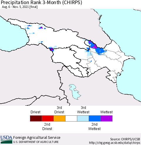 Azerbaijan, Armenia and Georgia Precipitation Rank since 1981, 3-Month (CHIRPS) Thematic Map For 8/6/2021 - 11/5/2021