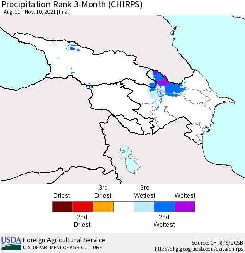 Azerbaijan, Armenia and Georgia Precipitation Rank since 1981, 3-Month (CHIRPS) Thematic Map For 8/11/2021 - 11/10/2021