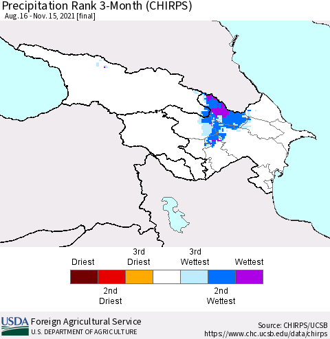 Azerbaijan, Armenia and Georgia Precipitation Rank since 1981, 3-Month (CHIRPS) Thematic Map For 8/16/2021 - 11/15/2021