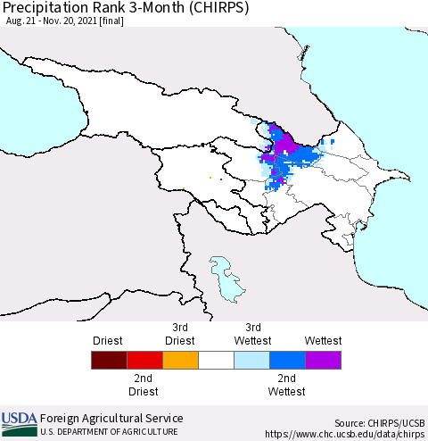 Azerbaijan, Armenia and Georgia Precipitation Rank since 1981, 3-Month (CHIRPS) Thematic Map For 8/21/2021 - 11/20/2021