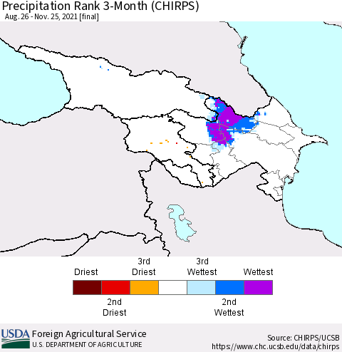 Azerbaijan, Armenia and Georgia Precipitation Rank since 1981, 3-Month (CHIRPS) Thematic Map For 8/26/2021 - 11/25/2021