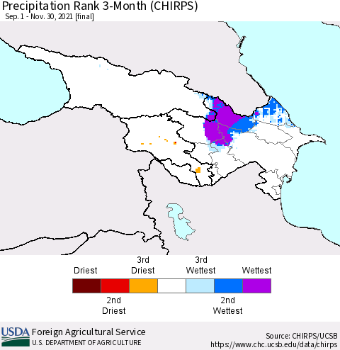 Azerbaijan, Armenia and Georgia Precipitation Rank since 1981, 3-Month (CHIRPS) Thematic Map For 9/1/2021 - 11/30/2021