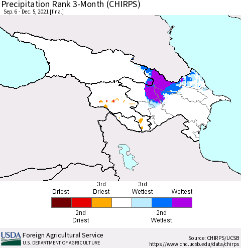 Azerbaijan, Armenia and Georgia Precipitation Rank since 1981, 3-Month (CHIRPS) Thematic Map For 9/6/2021 - 12/5/2021