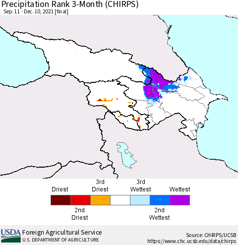 Azerbaijan, Armenia and Georgia Precipitation Rank since 1981, 3-Month (CHIRPS) Thematic Map For 9/11/2021 - 12/10/2021