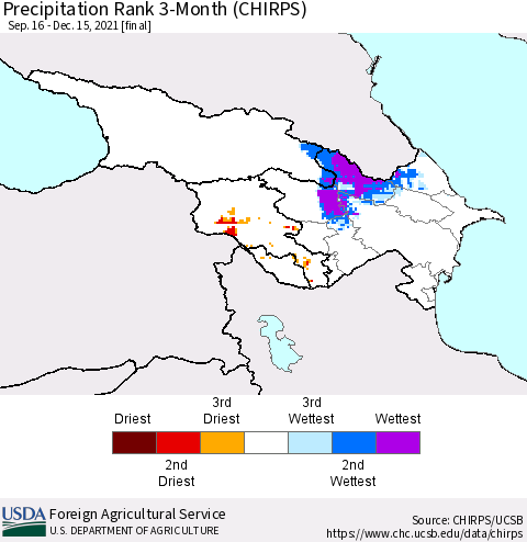 Azerbaijan, Armenia and Georgia Precipitation Rank since 1981, 3-Month (CHIRPS) Thematic Map For 9/16/2021 - 12/15/2021