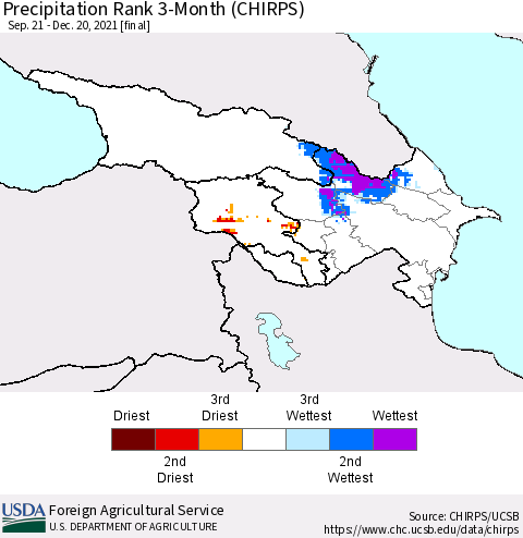 Azerbaijan, Armenia and Georgia Precipitation Rank since 1981, 3-Month (CHIRPS) Thematic Map For 9/21/2021 - 12/20/2021