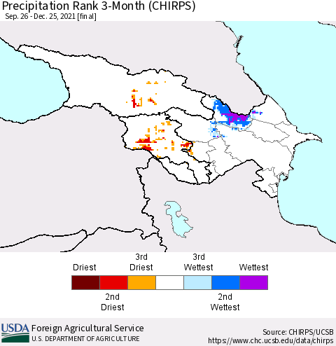Azerbaijan, Armenia and Georgia Precipitation Rank since 1981, 3-Month (CHIRPS) Thematic Map For 9/26/2021 - 12/25/2021