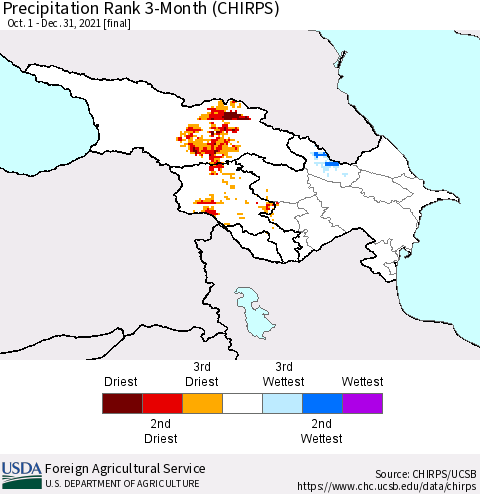 Azerbaijan, Armenia and Georgia Precipitation Rank since 1981, 3-Month (CHIRPS) Thematic Map For 10/1/2021 - 12/31/2021