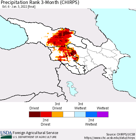 Azerbaijan, Armenia and Georgia Precipitation Rank since 1981, 3-Month (CHIRPS) Thematic Map For 10/6/2021 - 1/5/2022