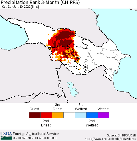 Azerbaijan, Armenia and Georgia Precipitation Rank since 1981, 3-Month (CHIRPS) Thematic Map For 10/11/2021 - 1/10/2022