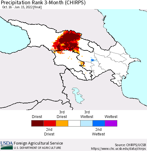 Azerbaijan, Armenia and Georgia Precipitation Rank since 1981, 3-Month (CHIRPS) Thematic Map For 10/16/2021 - 1/15/2022