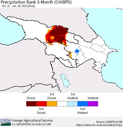 Azerbaijan, Armenia and Georgia Precipitation Rank since 1981, 3-Month (CHIRPS) Thematic Map For 10/21/2021 - 1/20/2022