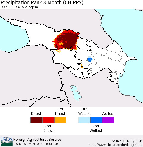 Azerbaijan, Armenia and Georgia Precipitation Rank since 1981, 3-Month (CHIRPS) Thematic Map For 10/26/2021 - 1/25/2022