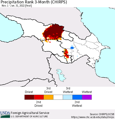 Azerbaijan, Armenia and Georgia Precipitation Rank since 1981, 3-Month (CHIRPS) Thematic Map For 11/1/2021 - 1/31/2022