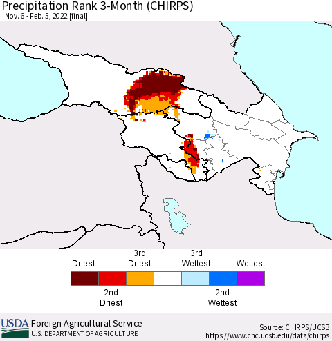 Azerbaijan, Armenia and Georgia Precipitation Rank since 1981, 3-Month (CHIRPS) Thematic Map For 11/6/2021 - 2/5/2022
