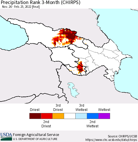 Azerbaijan, Armenia and Georgia Precipitation Rank since 1981, 3-Month (CHIRPS) Thematic Map For 11/26/2021 - 2/25/2022